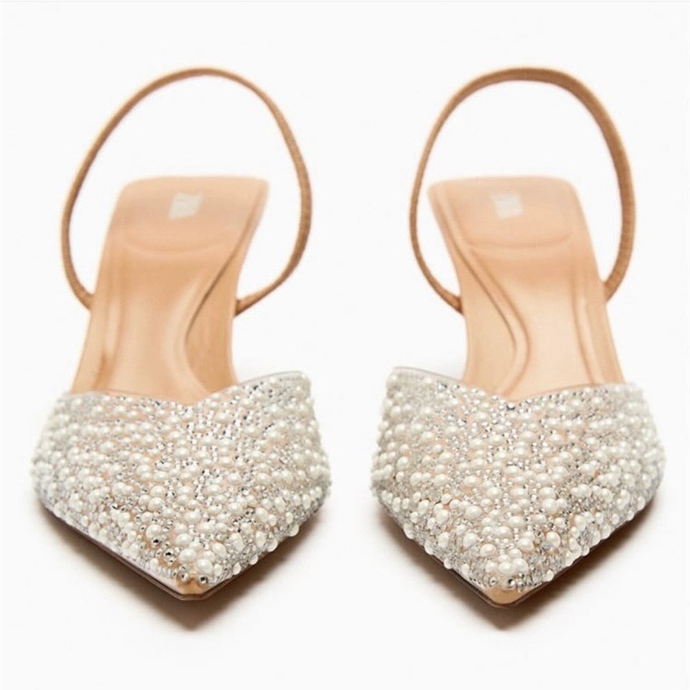 Zara Clear PVC Pearl & Rhinestone embellished Pointed Toe Slingback heels - Picture 7 of 7